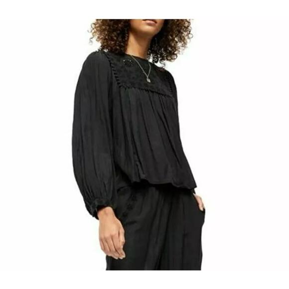 Free People Tops - Free People Black Valencia Embroidered Boho Long Sleeve Peasant Top